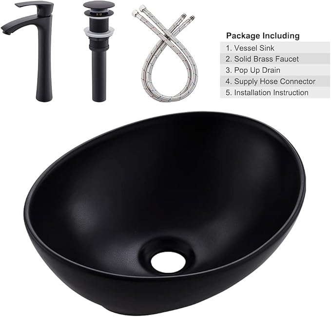 16x13 Matte Black Vessel Sink With Faucet and Drain Combo - Oval Porcelain Ceramic Above Counter Bathroom Sink