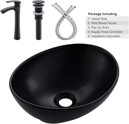 16x13 Matte Black Vessel Sink With Faucet and Drain Combo - Oval Porcelain Ceramic Above Counter Bathroom Sink