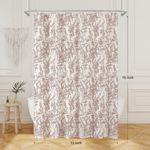 Burgundy Boho Linen Fabric Shower Curtain ,Farmhouse Floral For Bathroom