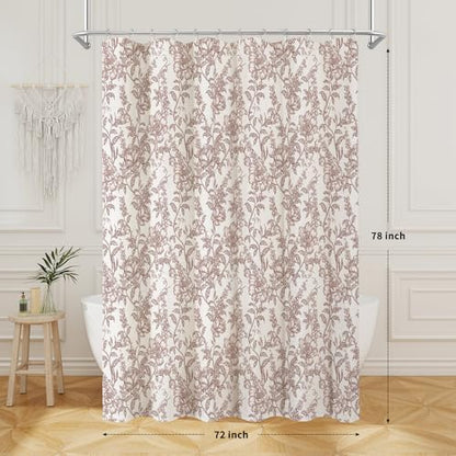 Burgundy Boho Linen Fabric Shower Curtain ,Farmhouse Floral For Bathroom