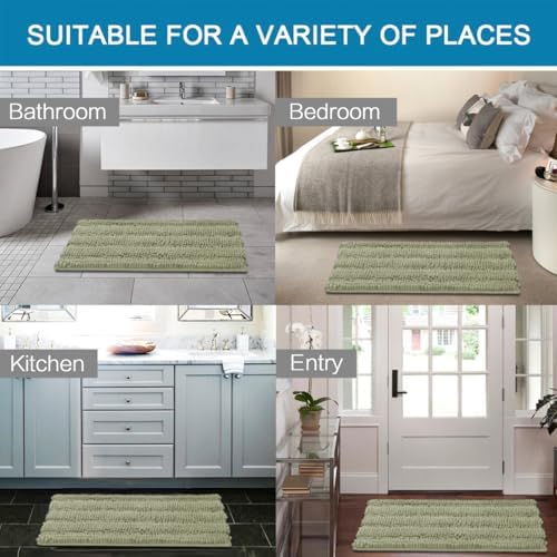 H.VERSAILTEX Bath Mats for Bathroom Non Slip Thick Chenille Striped Bath Rug Absorbent Fluffy Soft Shaggy Rugs Washable Dry Fast Plush Mats for Indoor, Bath Room, Tub - 17" x 24", Eucalyptus Green