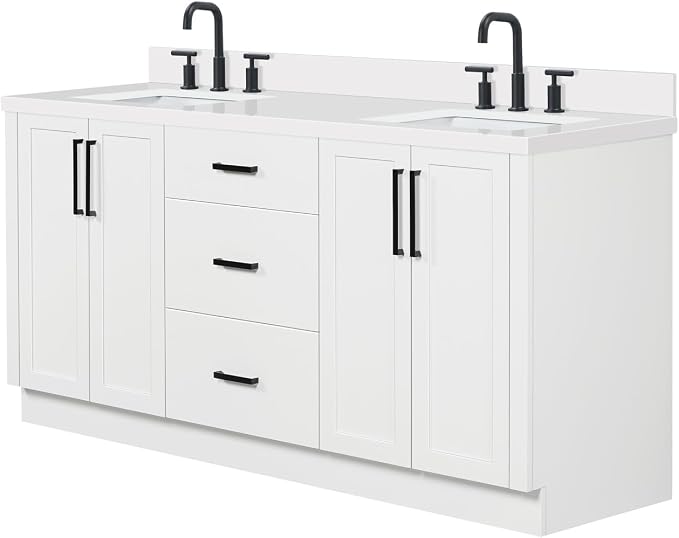 ARIEL Loren 72-inch Bathroom Vanity with Sink,Solid Wood, 1.5-inch Pure White Quartz Countertop, Double Rectangular Porcelain Sink, 4 Soft Closing Doors, 3 Dovetail Drawers, White