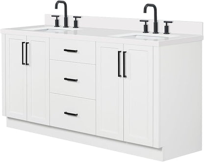 ARIEL Loren 72-inch Bathroom Vanity with Sink,Solid Wood, 1.5-inch Pure White Quartz Countertop, Double Rectangular Porcelain Sink, 4 Soft Closing Doors, 3 Dovetail Drawers, White