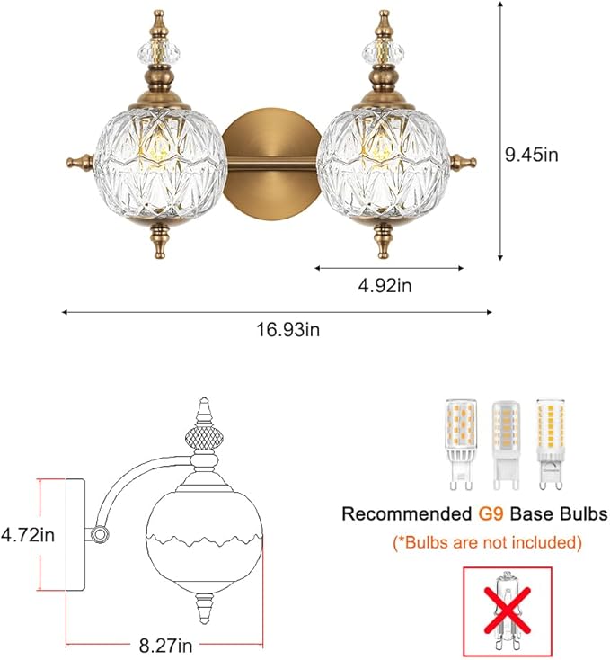 Brushed Gold Bathroom Vanity Light Fixture Vintage Style - 2 Light G9 Bulb Compatible, 17" Wide Bathroom Lighting Over Mirror with Hand-Etched Glass Shades, Easy Mount for Makeup Area