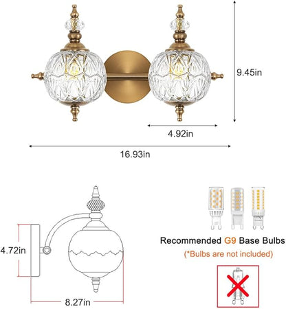 Brushed Gold Bathroom Vanity Light Fixture Vintage Style - 2 Light G9 Bulb Compatible, 17" Wide Bathroom Lighting Over Mirror with Hand-Etched Glass Shades, Easy Mount for Makeup Area