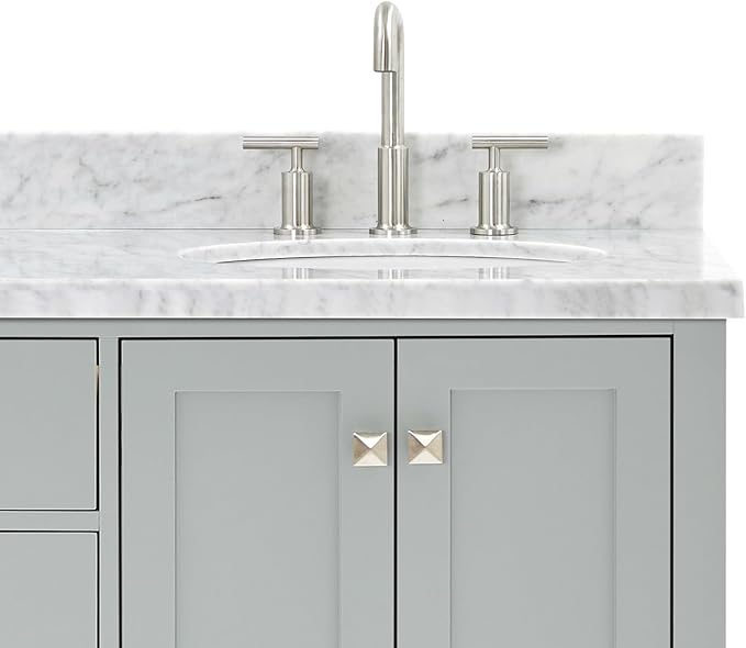 ARIEL Cambridge 66-inch Bathroom Vanity with Sink,Solid Wood, 1.5-inch Italian Carrara Marble Countertop & Backsplash, Double Oval Porcelain Sink, 4 Soft Closing Doors, 6 Dovetail Drawers, Grey