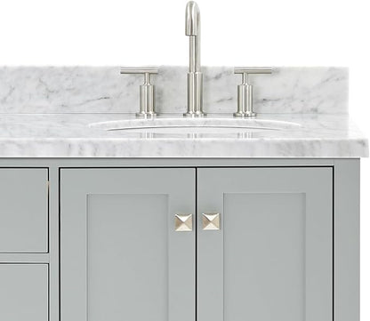 ARIEL Cambridge 66-inch Bathroom Vanity with Sink,Solid Wood, 1.5-inch Italian Carrara Marble Countertop & Backsplash, Double Oval Porcelain Sink, 4 Soft Closing Doors, 6 Dovetail Drawers, Grey
