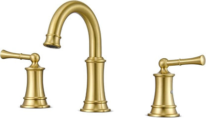 Gold Bathroom Faucet 3 Hole Sink Bathroom Fauce Solid Brass | Complete With Pop-Up Drain Assembly And cUPC Supply Lines For Widespread Vanity, Lavatory, And RV Sinks