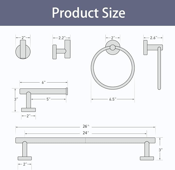 Bathroom Hardware Set, 24 Inch Matte Black Towel Bar Set, 4-Piece | Wall Mounted Bathroom Accessories, Towel Racks for Bathroom, Modern Towel Holder Set, Durable SUS304 Stainless Steel