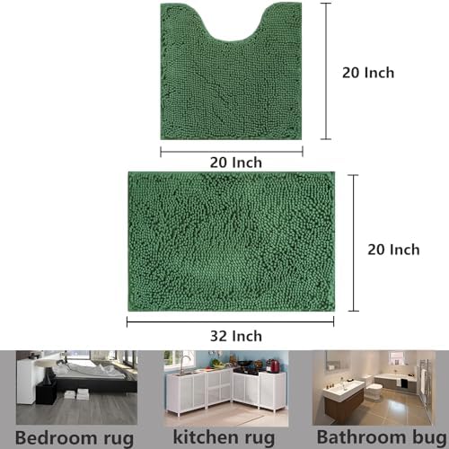 Bathroom Rugs Chenille, Extra Thick and Absorbent, Non-Slip, Machine Washable, Dry Quckily, Soft Cozy Plush, Used Under Shower Bathtub and Sink, Bath mat Sets Dark Green