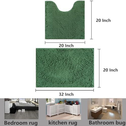 Bathroom Rugs Chenille, Extra Thick and Absorbent, Non-Slip, Machine Washable, Dry Quckily, Soft Cozy Plush, Used Under Shower Bathtub and Sink, Bath mat Sets Dark Green