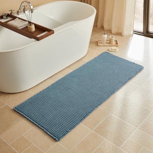 Triohero Waffle Runner Rug Bathroom, Long Boho Bath Mat, 24x60 Denim Blue