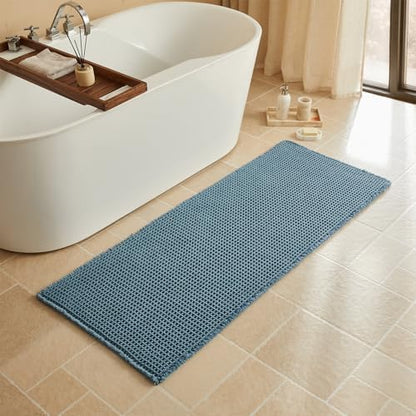 Triohero Waffle Runner Rug Bathroom, Long Boho Bath Mat, 24x60 Denim Blue