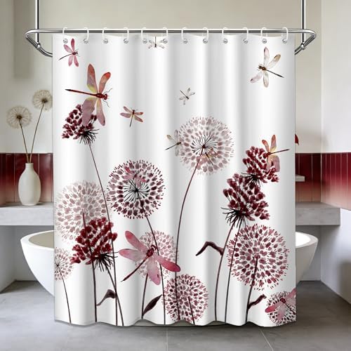 Burgundy & White Shower Curtain Spring Dandelion Dragonfly Deep Red and White Watercolor Shower Curtains for Bathroom Decor, Waterproof Cloth Fabric with Hooks 70" Wx72 L