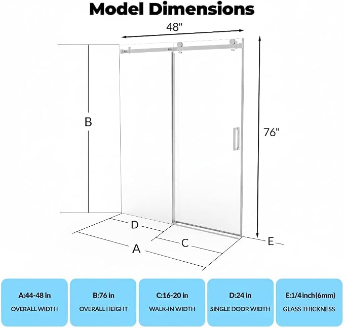 GarveeLife Frameless Sliding Shower Door 44-48 Inch W× 76 Inch – Brushed Stainless Steel Square Rail, Fixed Panel and Sliding Glass Shower Door with 6mm Tempered Glass, Easy Clean Coating