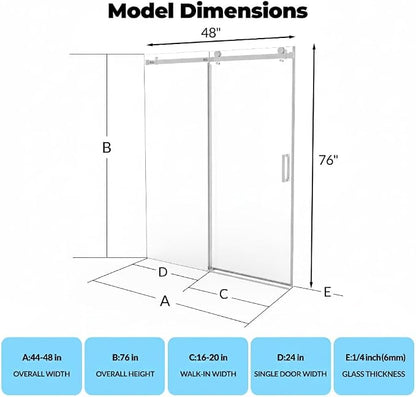 44-48" W x 76" h Frameless Sliding Shower Door – Waterproof Glass Shower Door-1/4 Tempered Clear Glass with Explosion-Proof Film, Silver Handle & Seal Strip