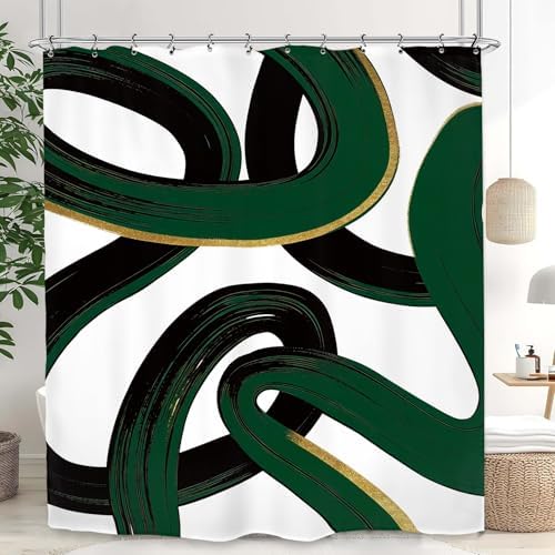 Abstract Emerald Green Black Green Shower Curtain 60Wx72L Inch Modern Minimalist Contemporary Geometric Line Neutral Simple Bathroom Set Accessories Decor with 12 Pack Hooks