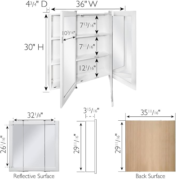 Design House Wyndham Tri-View Medicine Cabinet, 36", White | Wall Mount, Transitional, Wood, Bath, 545103-WHT