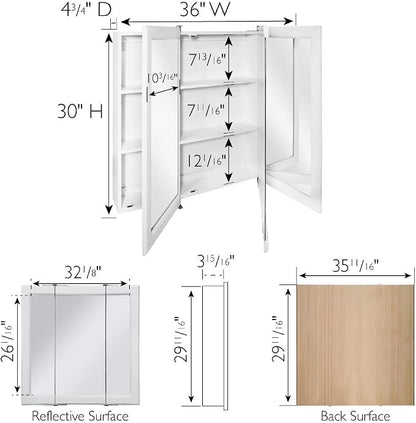 Design House Wyndham Tri-View Medicine Cabinet, 36", White | Wall Mount, Transitional, Wood, Bath, 545103-WHT