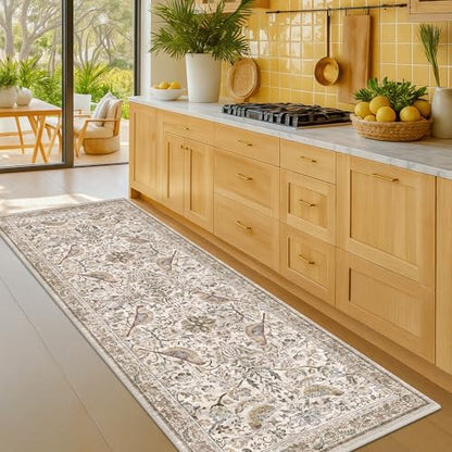 Vintage 2x6 Washable Runner Rugs for Kitchen, Bedside Rug for Bedroom, Entryway, Hallway, Non Slip Moss Bathroom Carpet, Traditional Home Décor with Floral Bird Pattern (Moss)
