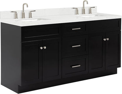 ARIEL Hamlet 66-inch Bathroom Vanity with Sink,Solid Wood, 1.5-inch Carrara White Quartz Countertop & Backsplash, Double Rectangular Porcelain Sink, 4 Soft Closing Doors, 3 Dovetail Drawers, Black