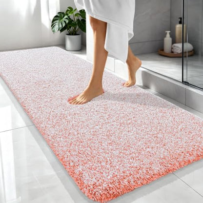OLANLY Microfiber Bathroom Rugs 70x24, Quick Dry Bath Mat, Coral and White