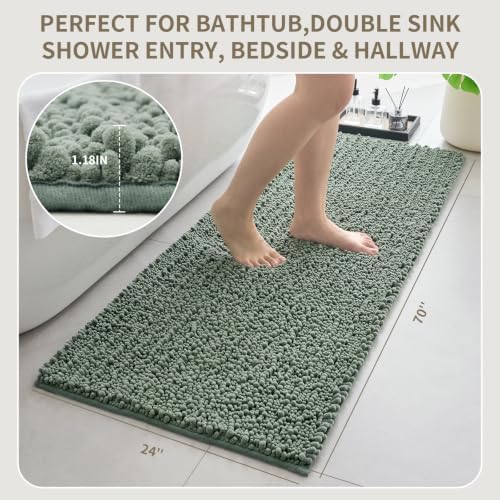 Bathroom Rugs Non Slip Washable 70x24, Extra Thick Soft Chenille Absorbent Bath Mat, High Density Barrier Non Slip Backing, Quick Dry Plush Shaggy Floor Carpet for Tub&Shower, Sage Green