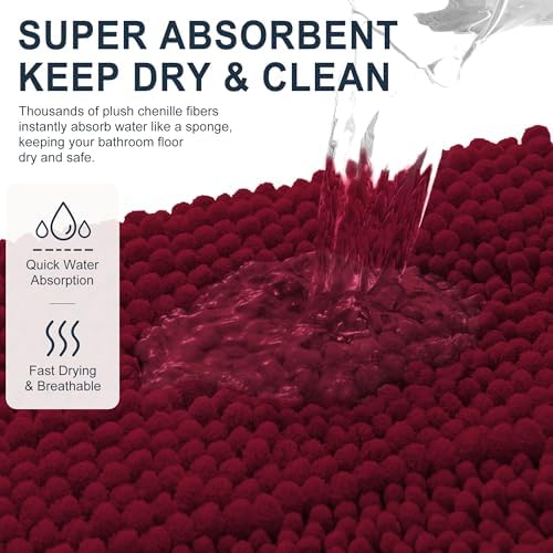 Smiry Thick Chenille Bathroom Runner Rugs 59x20, Soft Bath Mat, Burgundy