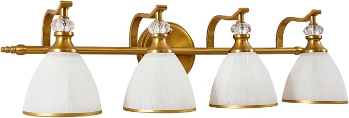 Brushed Gold Vanity Light, 4-Light Bathroom Light Fixtures, Vintage Wall Lamp with Bell Shaped Frosted Lampshade, 27.8 Inch Bathroom Lighting Fixtures Over Mirror, (Bulbs Not Included)