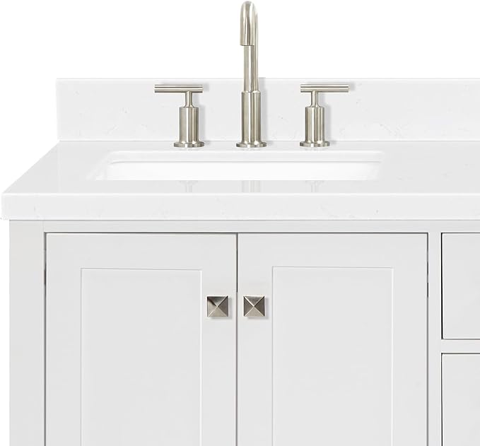 ARIEL Cambridge 60-inch Bathroom Vanity with Sink,Solid Wood, 1.5-inch Carrara White Quartz Countertop, Double Rectangular Porcelain Sink, 4 Soft Closing Doors, 6 Dovetail Drawers, White