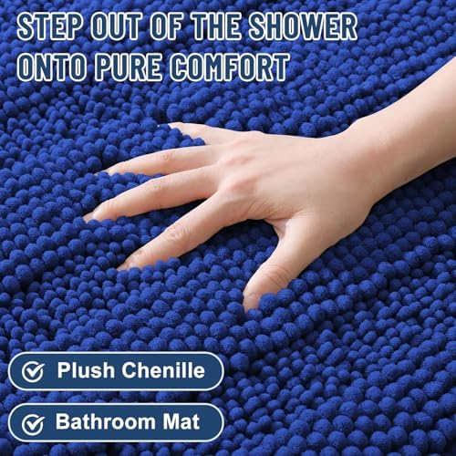 Grandaily Chenille Striped Bathroom Rugs 24x16, Extra Thick and Absorbent Bath Mats, Non-Slip Soft Plush Shaggy Shower Carpet, Machine Wash Dry, Bath Rug for Bathroom, (Small, Cobalt Blue)