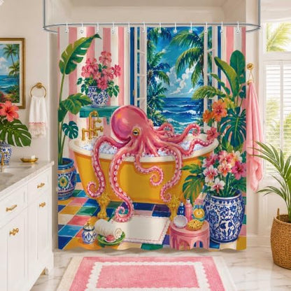 Tropical Octopus Shower Curtain, Ocean Bathroom Decor, 72 x 72