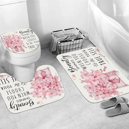 AZHM 4pcs Pink Floral Bathroom Shower Curtain Set with Rugs and Accessories