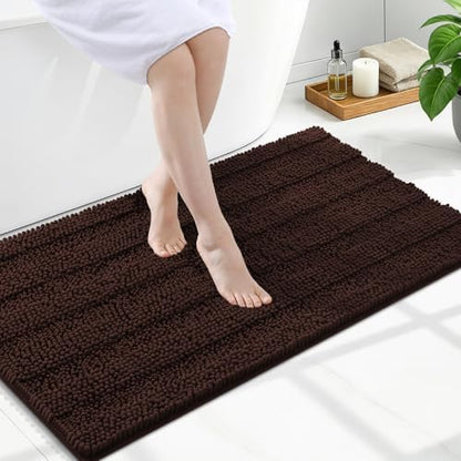 Grandaily Chenille Striped Bathroom Rugs 47x24, Extra Thick and Soft Absorbent Bath Mats, Rubber Backing, Plush Shaggy Shower Carpet, Machine Wash Dry, Bath Rug for Bathroom, Dark Brown