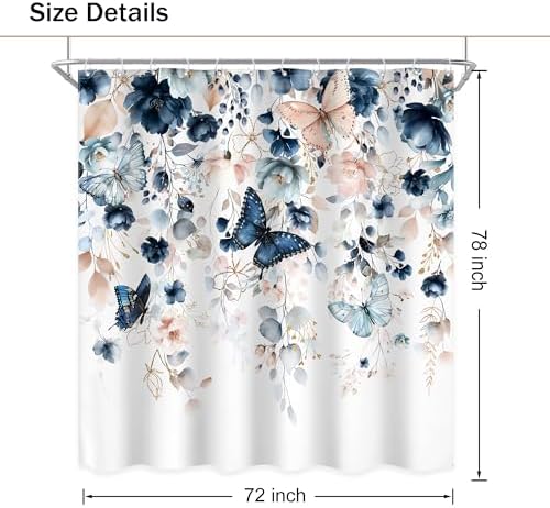 Extra Long Blue Pink Floral Butterfly Bathroom Shower Curtain Set