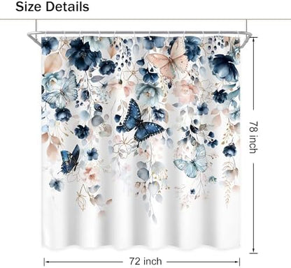 Extra Long Blue Pink Floral Butterfly Bathroom Shower Curtain Set