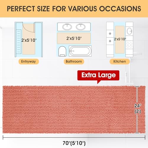 ACCUMTEK Extra Long Upgrade Luxury Coral Bathroom Rug Mat 70"x24", Ultra Soft Thick Absorbent Bath Mats, Non Slip Chenille Toilet Mat for Bathroom, Bedroom, Kitchen, Shower, Tub