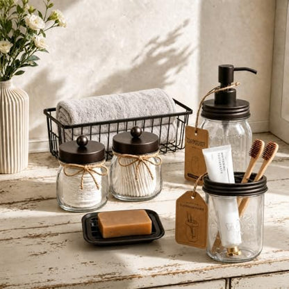 SheeChung Mason Jar Bathroom Accessories Set,6Pcs Rustic Bathroom Set,Brown