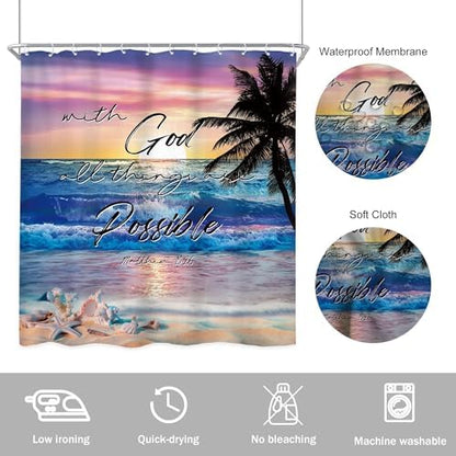 Ocean Coastal Bible Verse Sunrise Beach Quotes Bathroom Shower Curtain Set