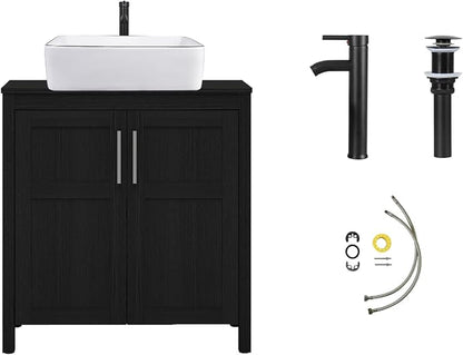 YOURLITE Bathroom Vanity with Sink,30" Black Bathroom Vanity Cabinet with White Ceramic Sink Faucet & Pop Up Drain Set