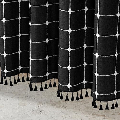 Boho Farmhouse Classic Plaid Linen Tassel Shower Curtain Black,72x84