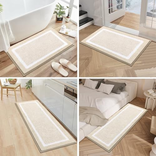 Pauwer Bathroom Rugs 3 Piece Set, Non Slip Washable Bath Mat, Light Beige