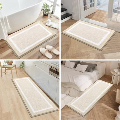Pauwer Bathroom Rugs 3 Piece Set, Non Slip Washable Bath Mat, Light Beige