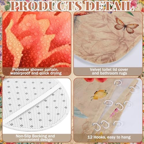 FuWeave 8 Pcs Vintage Floral Shower Curtain Set Bathroom Decor Hummingbird Butterfly Waterproof Bathroom Accessories Rustic Shower Curtain Sets with Towels Carpet Bath Mat Toilet Rugs and 12 Hooks