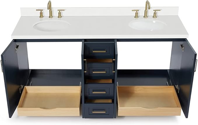 ARIEL Taylor 72-inch Bathroom Vanity with Sink,Solid Wood, 1.5-inch Pure White Quartz Countertop & Backsplash, Double Oval Porcelain Sink, 4 Soft Closing Doors, 6 Dovetail Drawers, Midnight Blue