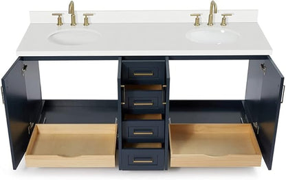ARIEL Taylor 72-inch Bathroom Vanity with Sink,Solid Wood, 1.5-inch Pure White Quartz Countertop & Backsplash, Double Oval Porcelain Sink, 4 Soft Closing Doors, 6 Dovetail Drawers, Midnight Blue