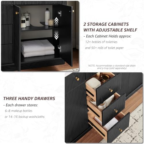 T4TREAM 60" Fluted Bathroom Vanity with Double Sink, Black Oak