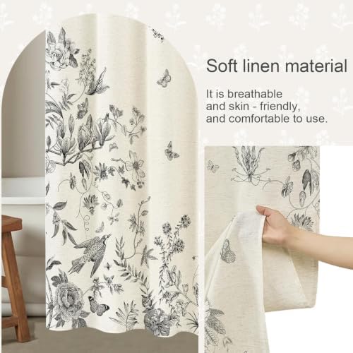 ORTIGIA Linen Shower Curtain Farmhouse Vintage Cottagecore Black Birds Floral Shower Curtains Spring Summer Boho Rustic Decor for Bathroom 72 W x 72 L