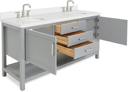 ARIEL Bayhill 72-inch Bathroom Vanity with Sink,Solid Wood, 1.5-inch Pure White Quartz Countertop & Backsplash, Double Oval Porcelain Sink, 2 Soft Closing Doors, 3 Dovetail Drawers, Grey