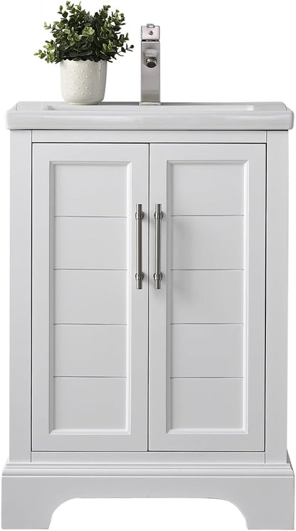 HOMEBEYOND 24 Inch Bathroom Vanity with Single Sink & Ceramic Top, Vanity Cabinet with Center Countertop Basin, Soft-Closing Doors, White